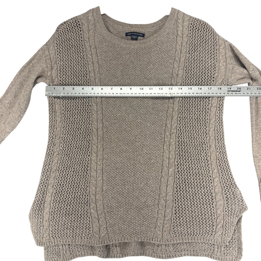 American Eagle Sweater Womens XS Cable Open Knit Cotton Wool Blend Taupe Boho - Picture 6 of 8